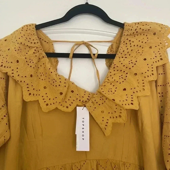 NWT Topshop Broderie Eyelet Ruffle Long Sleeve Minidress Yellow Sz 8 - Picture 6 of 14